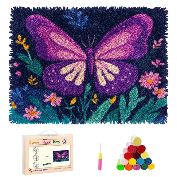 DIY Latch Hook Rug Kits Cartoon Butterfly and Flower Stamped Non-slip Mat Crocheting Yarn Hook and Latch Emboridery Tapestry for Home Floor Decor and Pet Warm Cushion 52x38cm(111)