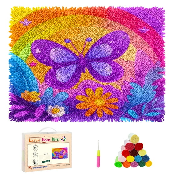 DIY Latch Hook Rug Kits Cartoon Butterfly and Rainbow Flower Stamped Non-slip Mat Crocheting Yarn Hook and Latch Emboridery Tapestry for Home Floor Decor and Pet Warm Cushion 52x38cm(78)