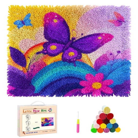 DIY Latch Hook Rug Kits Cartoon Butterfly and Rainbow Flower Stamped Non-slip Mat Crocheting Yarn Hook and Latch Emboridery Tapestry for Home Floor Decor and Pet Warm Cushion 52x38cm(88)