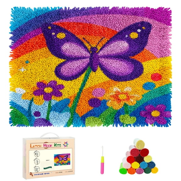 DIY Latch Hook Rug Kits Cartoon Butterfly and Rainbow Flower Stamped Non-slip Mat Crocheting Yarn Hook and Latch Emboridery Tapestry for Home Floor Decor and Pet Warm Cushion 52x38cm(50)