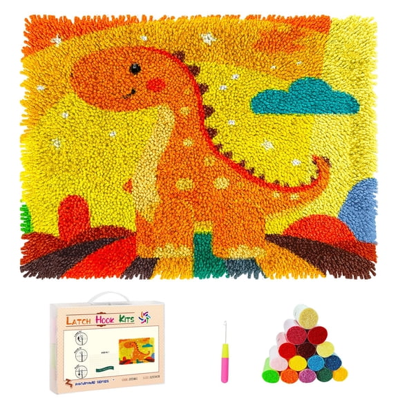 DIY Latch Hook Rug Kits Cartoon Dinosaur with Rainbow Background Stamped Non-slip Mat Crochet Yarn Hook and Latch Emboridery Tapestry for Home Floor Decor and Pet Warm Cushion 52x38cm(20)