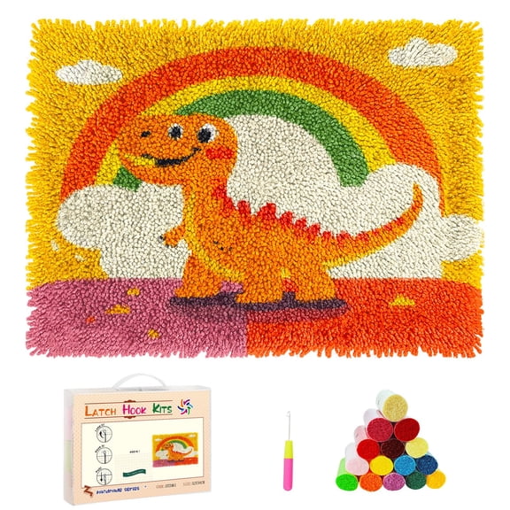 DIY Latch Hook Rug Kits Cartoon Dinosaur with Rainbow Background Stamped Non-slip Mat Crochet Yarn Hook and Latch Emboridery Tapestry for Home Floor Decor and Pet Warm Cushion 52x38cm(7)