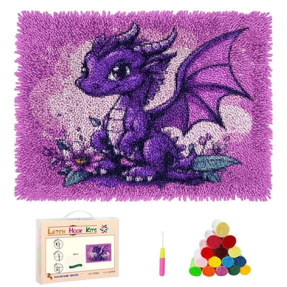 DIY Latch Hook Rug Kits Cartoon Dragon and Flower Stamped Non-slip Mat Crocheting Yarn Hook and Latch Emboridery Tapestry for Home Floor Decor and Pet Warm Cushion 52x38cm(12)