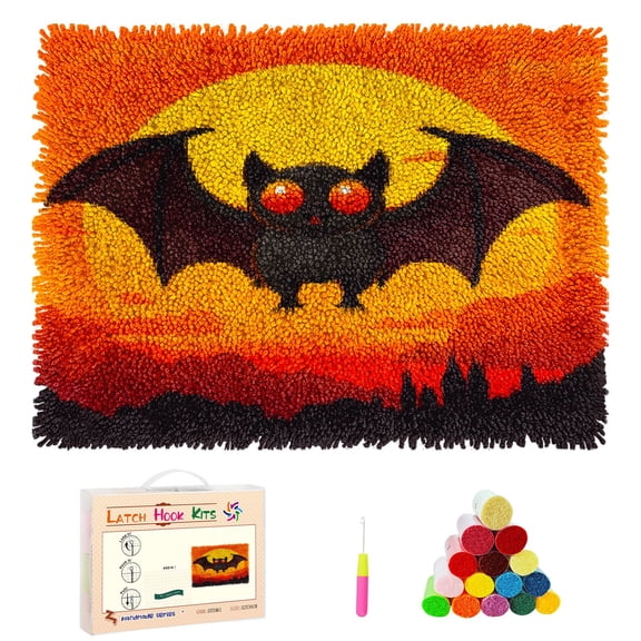 DIY Latch Hook Rug Kits Cartoon Flying Bat with Sunset Stamped Non-slip Mat Crochet Yarn Hook and Latch Emboridery Tapestry for Home Floor Decor and Pet Warm Cushion 52x38cm(2)