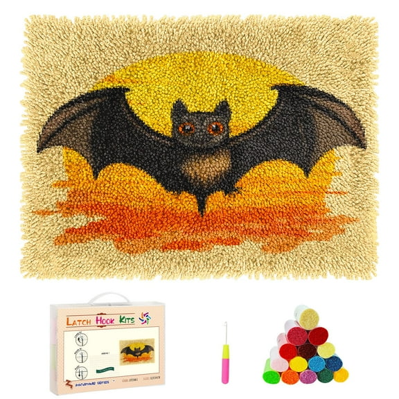 DIY Latch Hook Rug Kits Cartoon Flying Bat with Sunset Stamped Non-slip Mat Crochet Yarn Hook and Latch Emboridery Tapestry for Home Floor Decor and Pet Warm Cushion 52x38cm(3)