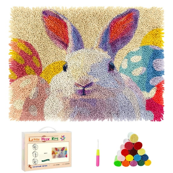 DIY Latch Hook Rug Kits Cartoon Rabbit and Easter Eggs Stamped Non-slip Mat Crochet Yarn Hook and Latch Emboridery Tapestry for Home Floor Decoration and Pet Warm Cushion 52x38cm(14)