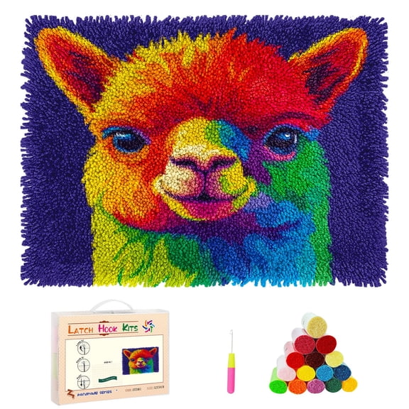 DIY Latch Hook Rug Kits Cartoon Rainbow Alpaca Stamped Non-slip Mat Crocheting Yarn Hook and Latch Emboridery Tapestry for Home Floor Decor and Pet Warm Cushion 52x38cm(1)
