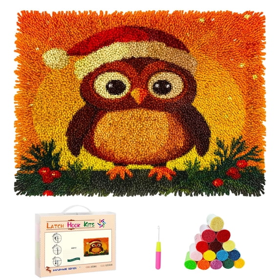 DIY Latch Hook Rug Kits Christmas Cartoon Owl with Sunset Stamped Non-slip Mat Crocheting Yarn Hook and Latch Emboridery Tapestry for Home Floor Decor and Pet Warm Cushion 52x38cm(7)