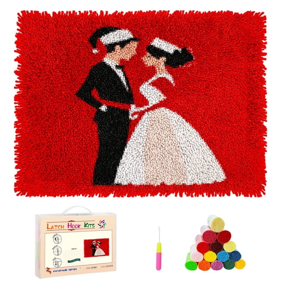 DIY Latch Hook Rug Kits Christmas Wedding Groom and Bride Stamped Non-slip Mat Crocheting Yarn Hook and Latch Emboridery Tapestry for Home Floor Decor and Pet Warm Cushion 52x38cm(5)