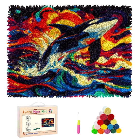 DIY Latch Hook Rug Kits Colorful Orca Jumping Rainbow Sea Stamped Non-slip Mat Crochet Yarn Hook and Latch Emboridery Tapestry for Home Floor Decor and Pet Warm Cushion 52x38cm(1)