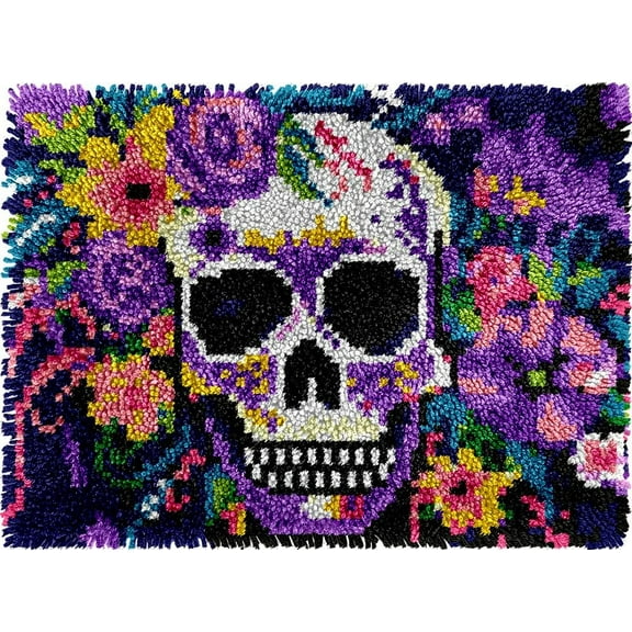 DIY Latch Hook Rug Kits Flowers Skull DIY Cushion Tapestry Making Crochet Hooking Mat Making Kits With Printed Pattern Canvas DIY Carpet Needlework Kits of Home Decor 52x38cm (T22)