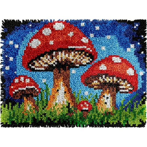 DIY Latch Hook Rug Kits Mushrooms DIY Cushion Tapestry Making Crochet Hooking Mat Making Kits With Printed Pattern Canvas DIY Carpet Needlework Kits of Home Decor 52x38cm (f99)