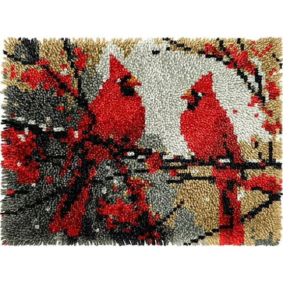 DIY Latch Hook Rug Kits Red Cardinal Birds DIY Cushion Tapestry Making Crochet Hooking Mat Making Kits With Printed Pattern Canvas DIY Carpet Needlework Kits of Home Decor 52x38cm (f21)