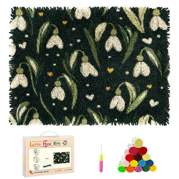 DIY Latch Hook Rug Kits Snowdrops Flower in White Dark Green Background Stamped Non-slip Mat Crochet Yarn Hook and Latch Emboridery Tapestry for Home Floor Decor and Pet Warm Cushion 52x38cm(1)