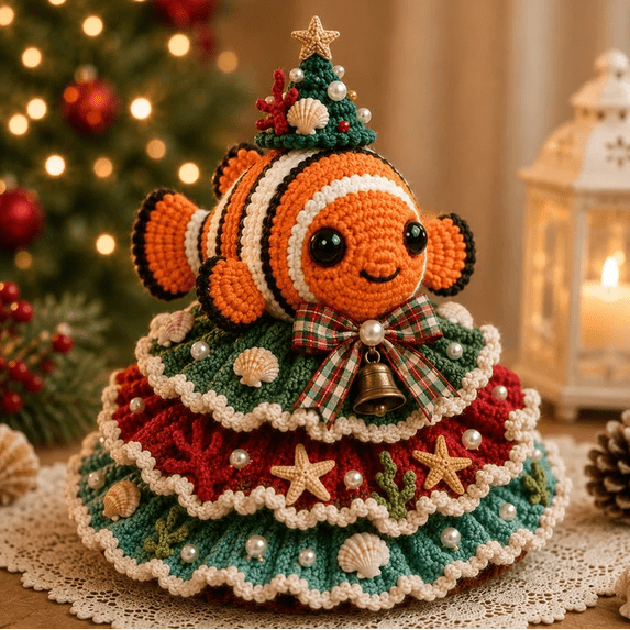 DIY Layered Ocean Christmas Yarn Art Kit Collection, Clownfish Crochet‑Style Holiday Ornament with Shell Starfish Pearl Decor, Mindful Slow Crafting Set for Home Seasonal Decor & Christmas Gift