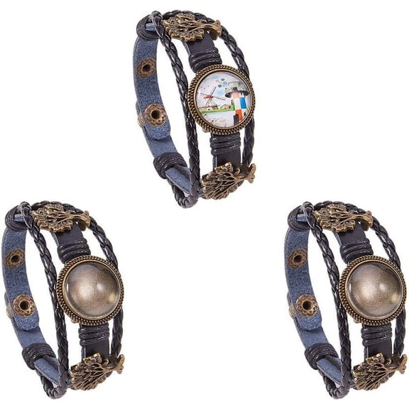 DIY Leather Bracelet Making Kit Multilayer Rope Bangle Cuff Wristband with Blank Alloy Cabochon Bezel Tray Clear Glass Cabochon 18mm Button Adjust Tree