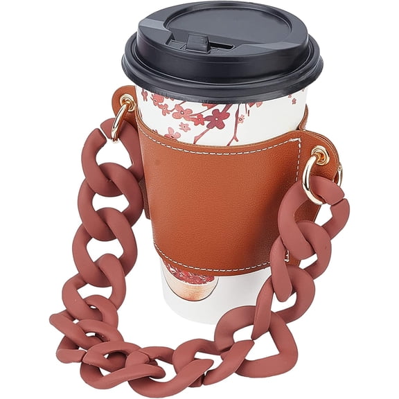 DIY Leather Cup Holder with Handle Chocolate PU Leather Reusable Drink Carrier with Arylic Strap Portable for Hot Cold Drink DIY