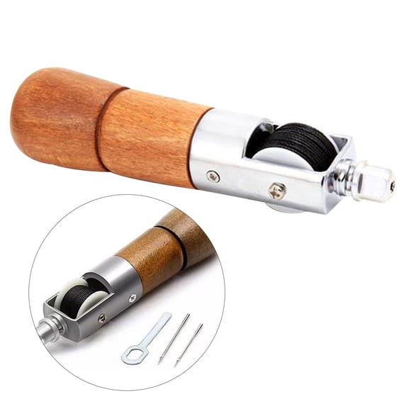 DIY Leather Hand Sewing Stitching Awl Kit with Wooden Handle, Stainless Steel Needles & Wax Thread, Leathercraft Tool for Canvas, Fabric, Leather & Crafting