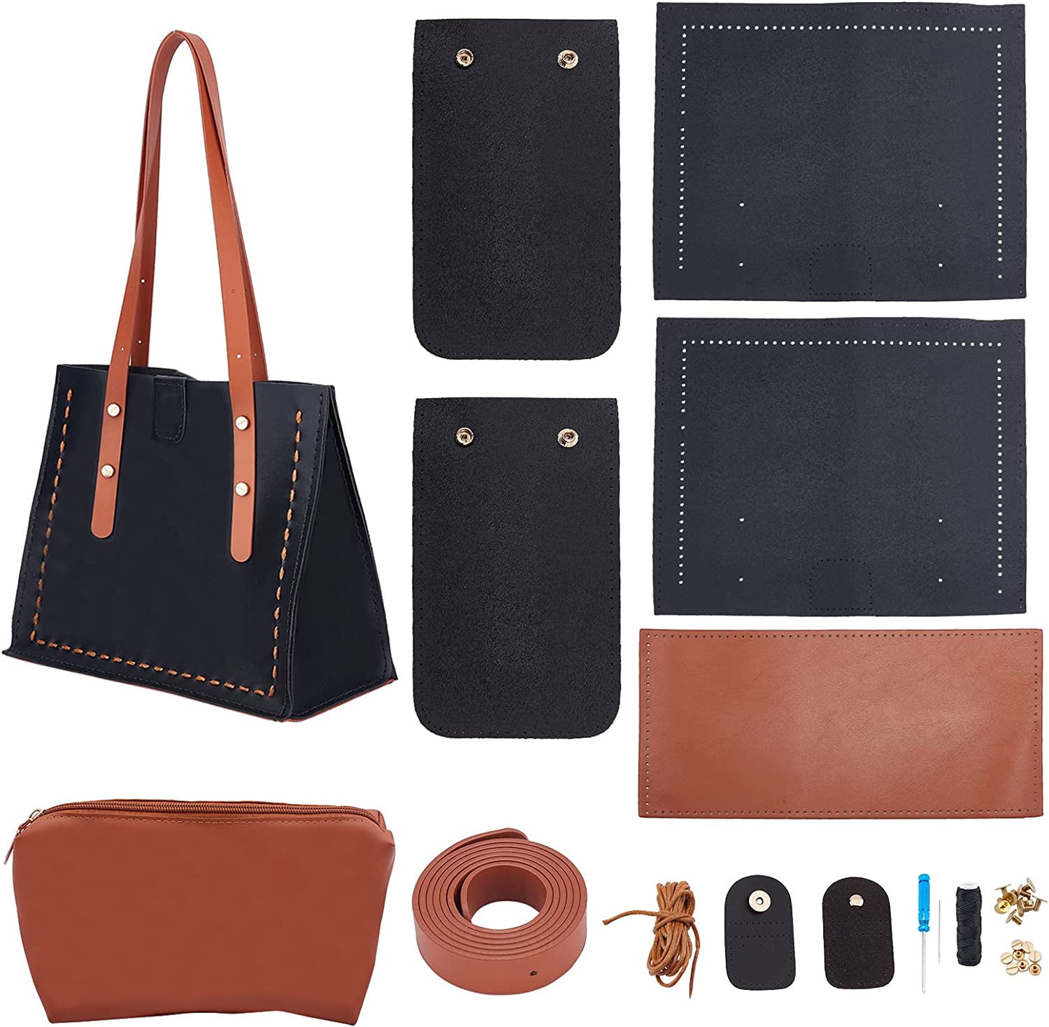 DIY Leather Tote Bag Kit - Brown Black Large Easy Handcraft Shoulder Bag with Organizer Straps Buckles Screws Kitting Tool for Women's Purses Gifts DIY