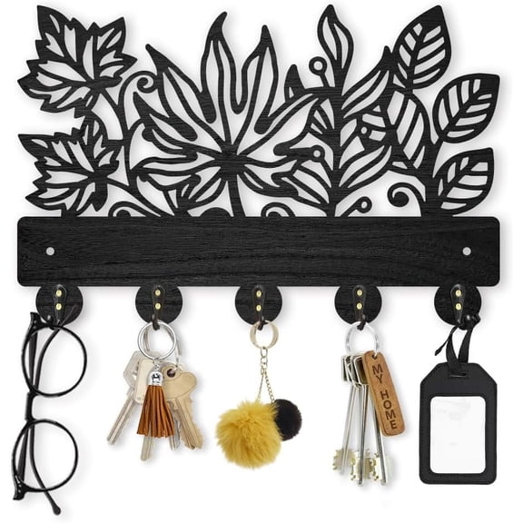 DIY Leaves Coat Rack Wall Mount 11.87.9inch Wood Leaves Plants Wall Art Decor Nature Tree Key Holder for Wall 5 Alloy Hooks Black Hook Rack Hat All Hook for Entryway Living Room Bedroom Gift DIY