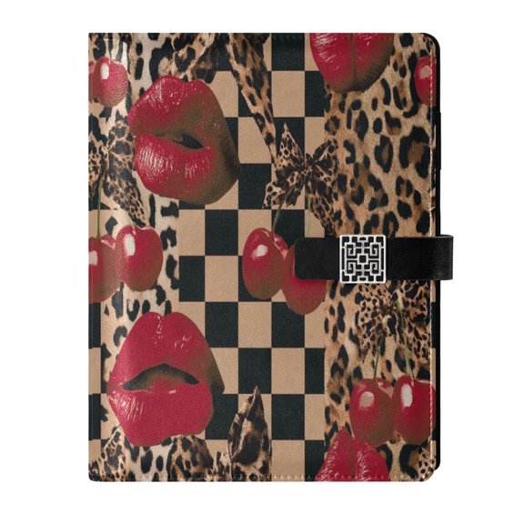 DIY Leopard Cherry Printed Microfiber Leather Notebook 9.2x6.7" Refillable Binder Journal with Pen Loop&Pockets 100 Sheets