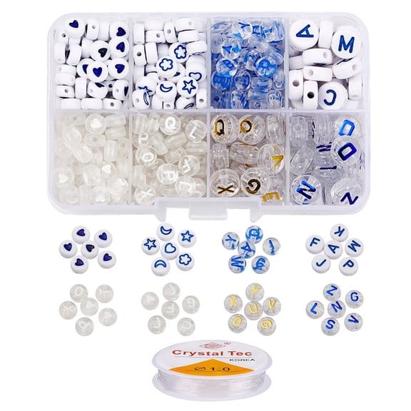 DIY Letter Beads Bracelet Making Kit Including Flat Round Transparent & Opaque Acrylic Beads and Elastic Thread Blue Beads: about 395pcs/set