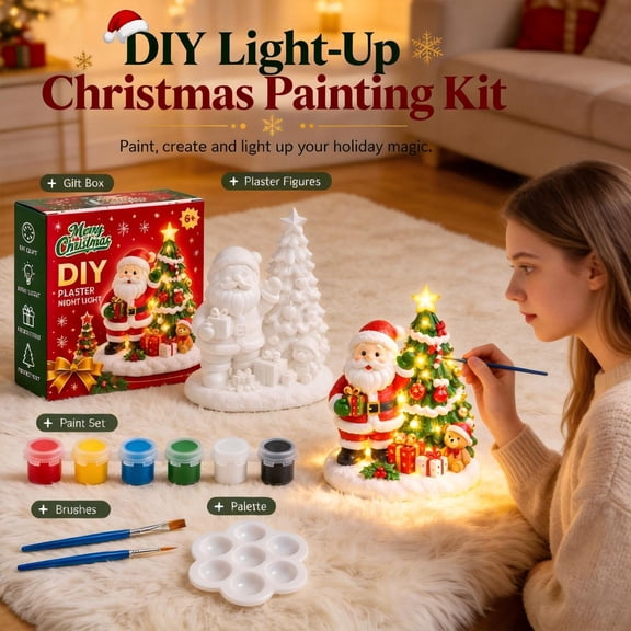 DIY Light-Up Christmas Tree Painting Kit, Christmas Home Decor Painting Kit with Kids Paint Set & LED Base, Bedroom Night Light for Girls & Party Decorations Gift