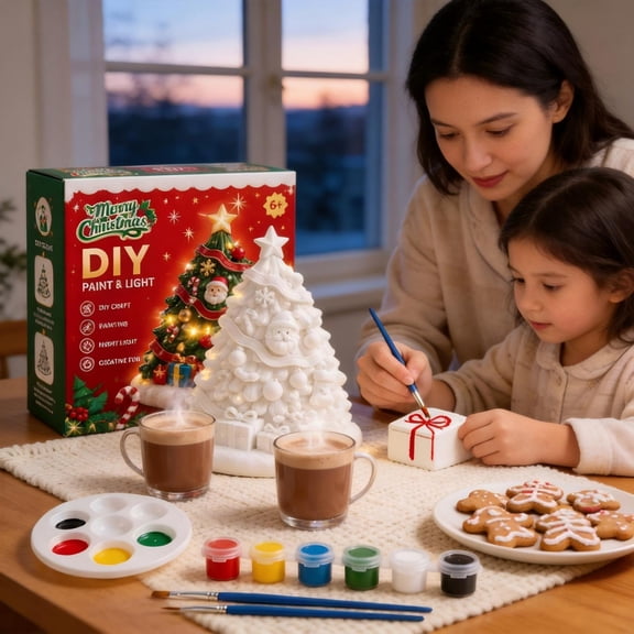 DIY Light-Up Christmas Tree Painting Kit, Premium Paint Kit with Pre-Cast Ceramic Tree & LED Base, Christmas Gifts for Grandkids & Party Favors, Creative Arts & Crafts