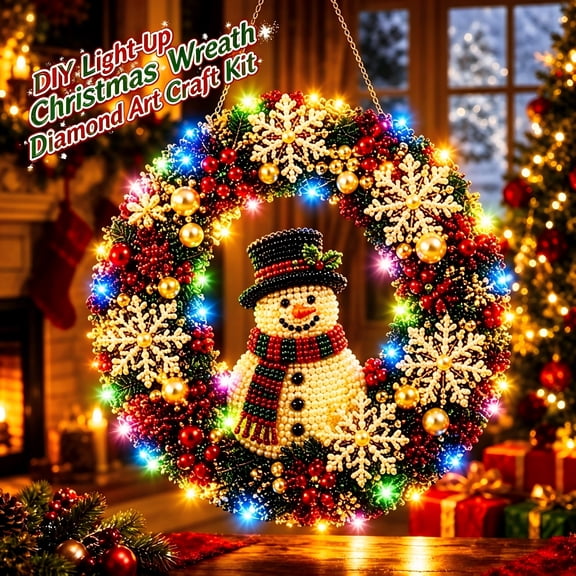 DIY Light‑Up Christmas Wreath Diamond‑Art Craft Kit, Imitation‑Diamond Hanging Pendant Ornament, Beginner‑Friendly Set for Adults, Door Wall Holiday Decor