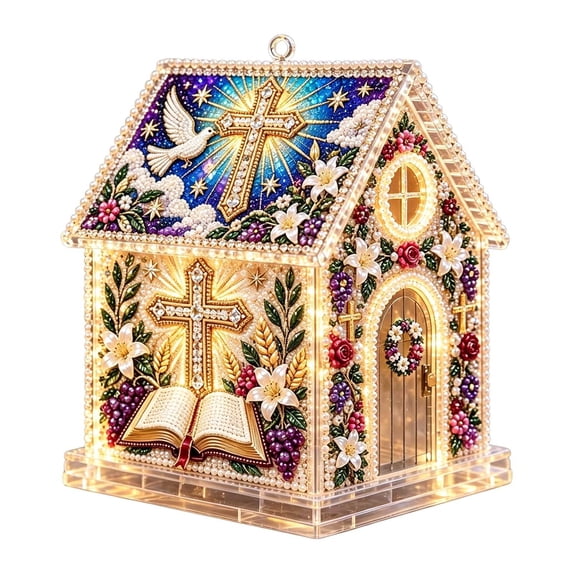 DIY Light Up Diamond Art Acrylic Cottage, 5D Gem Painting House Ornament with LED Light, Holiday Handmade Craft Decor for Tabletop & Christmas Tree