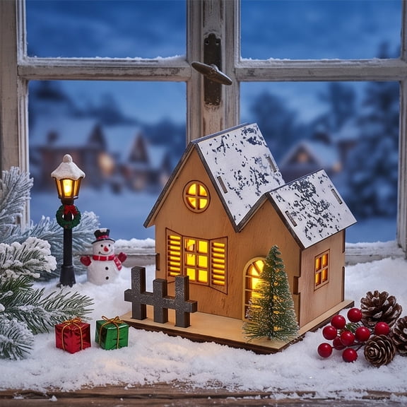 DIY Light Up Wooden Christmas House Kit Miniature Luminous Holiday Chalet with Warm LED Module for Xmas Desktop Mantel Decor