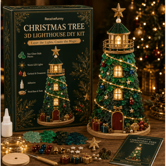 DIY Lighted Christmas Character Sea Glass‑Style Lighthouse Kit Collection | LED Lights & Step‑by‑Step Guide Included, Freestanding Glowing Xmas Table Decoration DIY Project