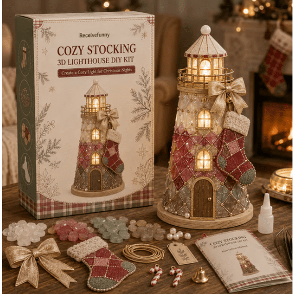 DIY Lighted Christmas Character Sea Glass‑Style Lighthouse Kit Collection | LED Lights & Step‑by‑Step Guide Included, Screen‑Free Relaxing Winter Handcraft Activity for Family