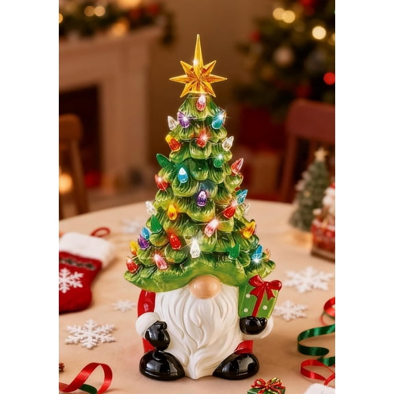 DIY Lighted Christmas Gnomes Tree - 8 Inch Faceless Ceramic Gnome Christmas Tree with Multicolored LED Lights, Mini Prelit Tabletop Decor for Home Office, Unique Gnome Christmas Ornaments