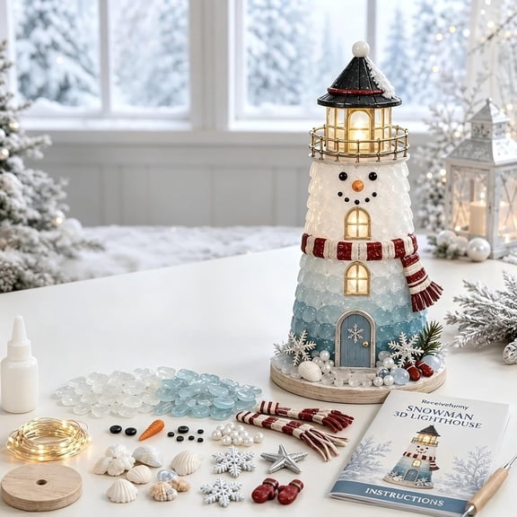 DIY Lighted Christmas Lighthouse Kit, 3D Sea Glass-Style Holiday Craft with Warm LED Light, Tabletop Decor, 5 Festive Designs