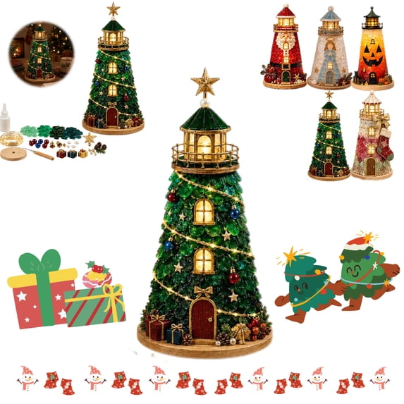 DIY Lighted Glass-Chrismas Style Lighthouse Kit, LED Craft Project with Translucent Pieces for Tabletop Display & Coastal Decor
