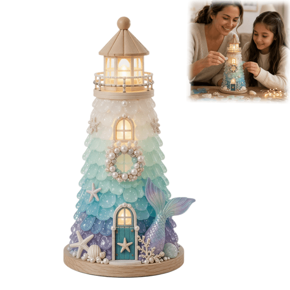 DIY Lighted Sea Glass Lighthouse Kit, 7.3" Coastal Christmas Ocean Glass Nautical Lighthouse Craft Kit with LED Lights, Sea Shells & Pearls, Home Decor Gift for Beach Lovers