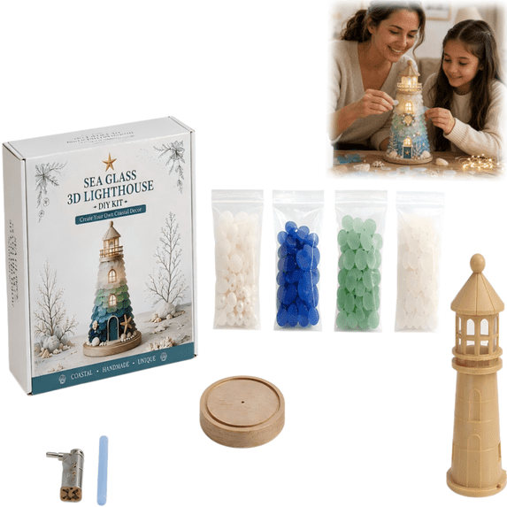DIY Lighted Sea Glass Lighthouse Kit, 7.3" Coastal Christmas Ocean Glass Nautical Lighthouse Craft Kit with LED Lights, Sea Shells & Pearls, Home Decor Gift for Beach Lovers