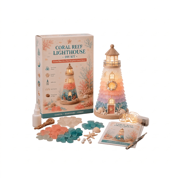 DIY Lighted Sea Glass Lighthouse Kit for Adults, Beach‑Inspired Hand‑Build Craft Set, Warm Glow Tabletop Ornament for Living Room, Bedroom & Coastal Themed Home Accent E