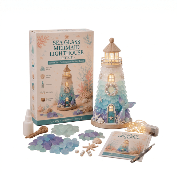 DIY Lighted Sea Glass Lighthouse Kit for Adults, Beach‑Inspired Hand‑Build Craft Set, Warm Glow Tabletop Ornament for Living Room, Bedroom & Coastal Themed Home Accent D