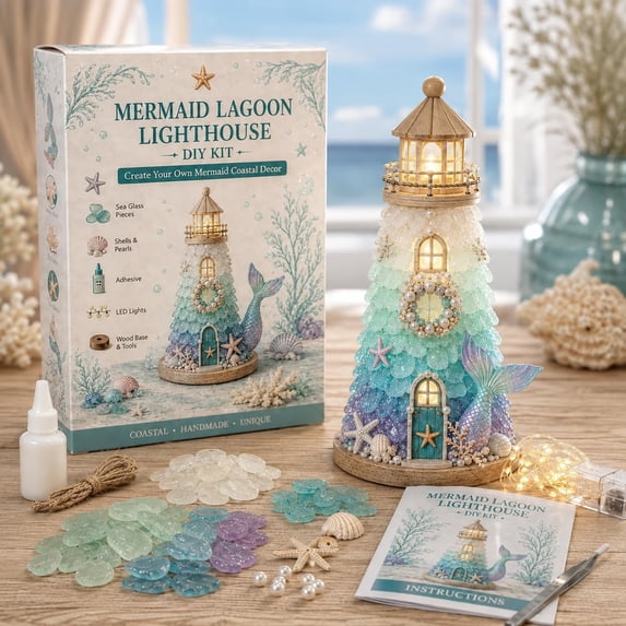 DIY Lighted Sea Glass Lighthouse Kit,Coastal Craft Kit with LED Lights, Sea Glass Style Pieces, Handmade Ocean Decor