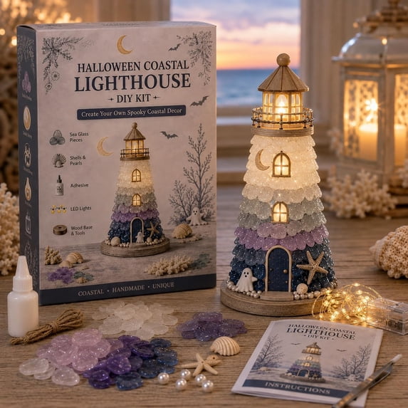 DIY Lighted Sea Glass Lighthouse Kit,Coastal Craft Kit with LED Lights, Sea Glass Style Pieces, Handmade Ocean Decor