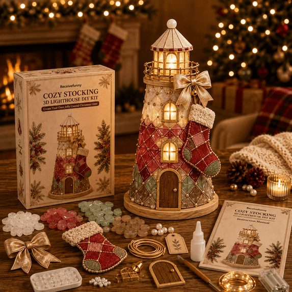 DIY Lighted Sea Glass-Style Lighthouse Kit, 3D Christmas Craft Kit for Adults with Warm LED Lights, Handmade Tabletop Holiday Decor for Mantel Shelf, Santa Snowman Reindeer Designs