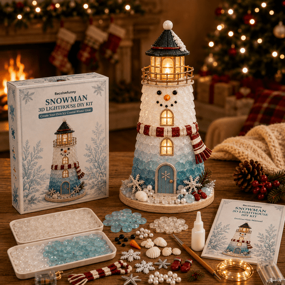 DIY Lighted Sea Glass-Style Lighthouse Kit, 3D Christmas Craft Kit for Adults with Warm LED Lights, Handmade Tabletop Holiday Decor for Mantel Shelf, Santa Snowman Reindeer Designs(Snowman)