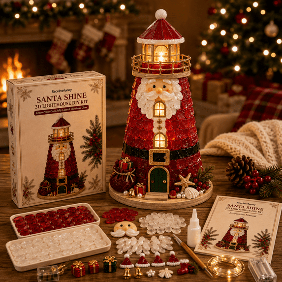 DIY Lighted Sea Glass-Style Lighthouse Kit, 3D Christmas Craft Kit for Adults with Warm LED Lights, Handmade Tabletop Holiday Decor for Mantel Shelf, Santa Snowman Reindeer Designs