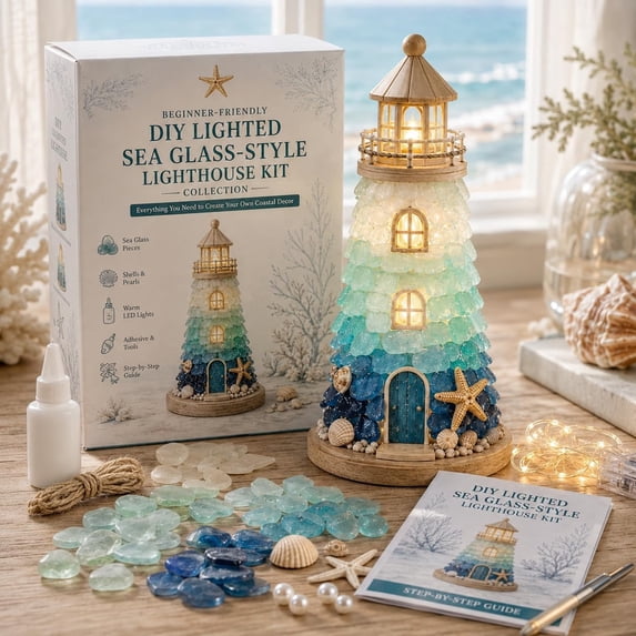 DIY Lighted Sea Glass-Style Lighthouse Kit Collection, DIY Sea Glass Lighthouse Kit with Pieces & Guide, Adults Craft Kit, Handmade Ocean Beach Decor Gift for Craft Lovers.C