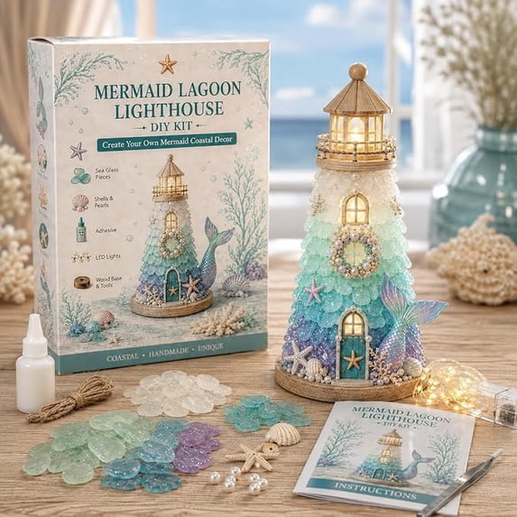 DIY Lighted Sea Glass-Style Lighthouse Kit Collection, DIY Sea Glass Lighthouse Kit with Pieces & Guide, Adults Craft Kit, Handmade Ocean Beach Decor Gift for Craft Lovers