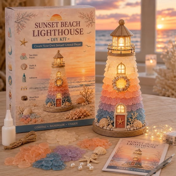 DIY Lighted Sea Glass-Style Lighthouse Kit Collection, DIY Sea Glass Lighthouse Kit with Pieces & Guide, Adults Craft Kit, Handmade Ocean Beach Decor Gift for Craft Lovers.E