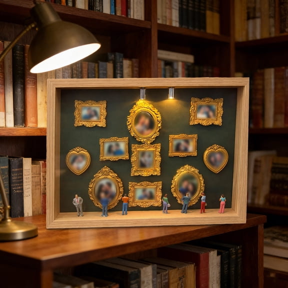 DIY Lighted Shadow Box Photo Frame, Mini Museum Memory Display, With Figurines & Mini Frames LED Lit Showcase, for Family Photos Home Decor Gifts