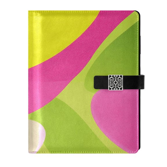 DIY Lime-pink Shapes Printed Microfiber Leather Notebook 9.2x6.7" Refillable Binder Journal with Pen Loop&Pockets 100 Sheets
